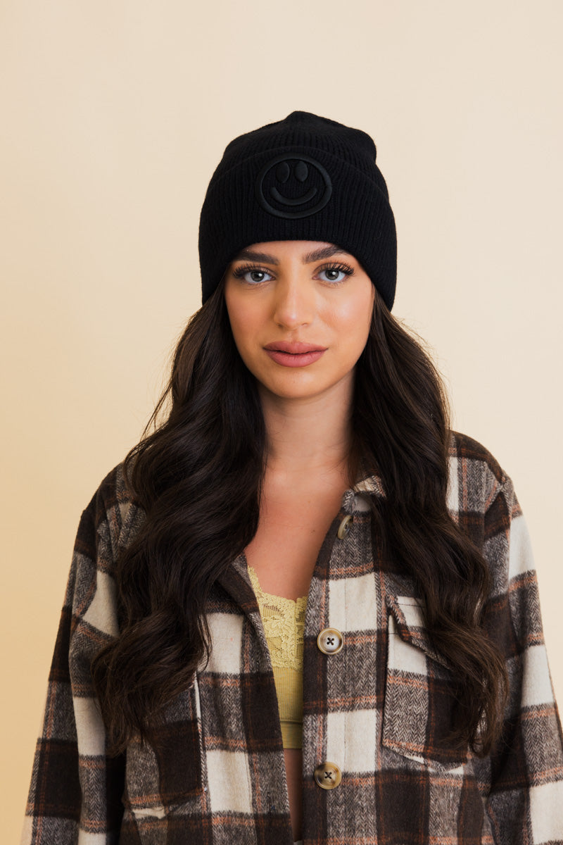 Embroidered Smiley Face Ribbed Knit Beanie