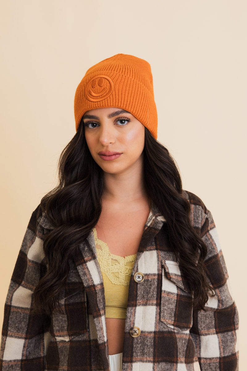 Embroidered Smiley Face Ribbed Knit Beanie