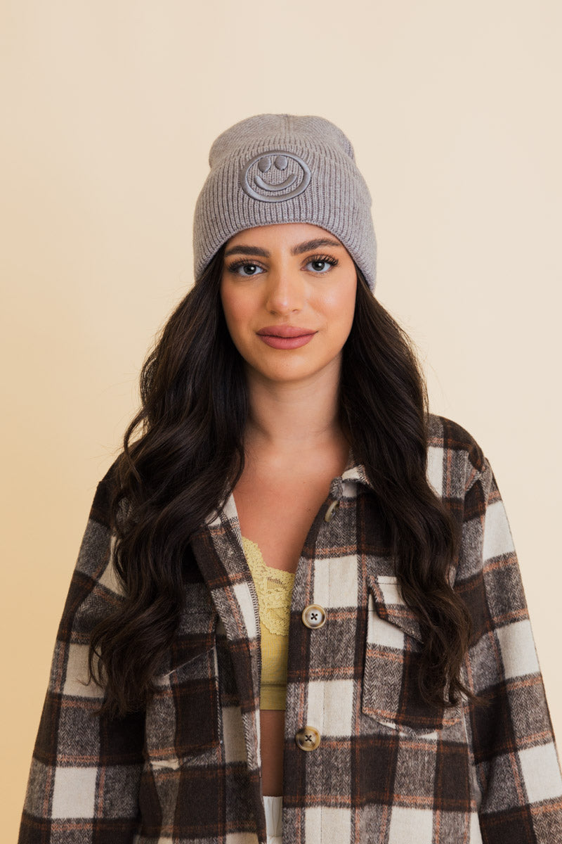 Embroidered Smiley Face Ribbed Knit Beanie