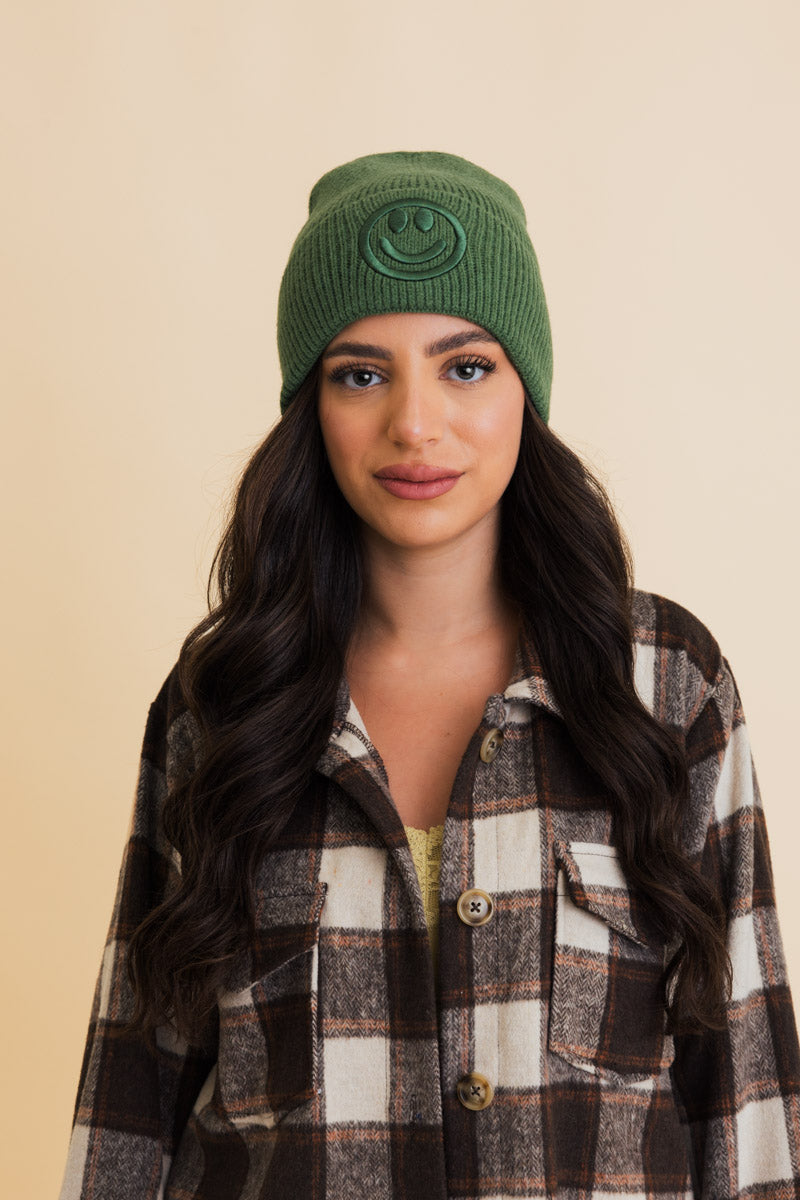 Embroidered Smiley Face Ribbed Knit Beanie