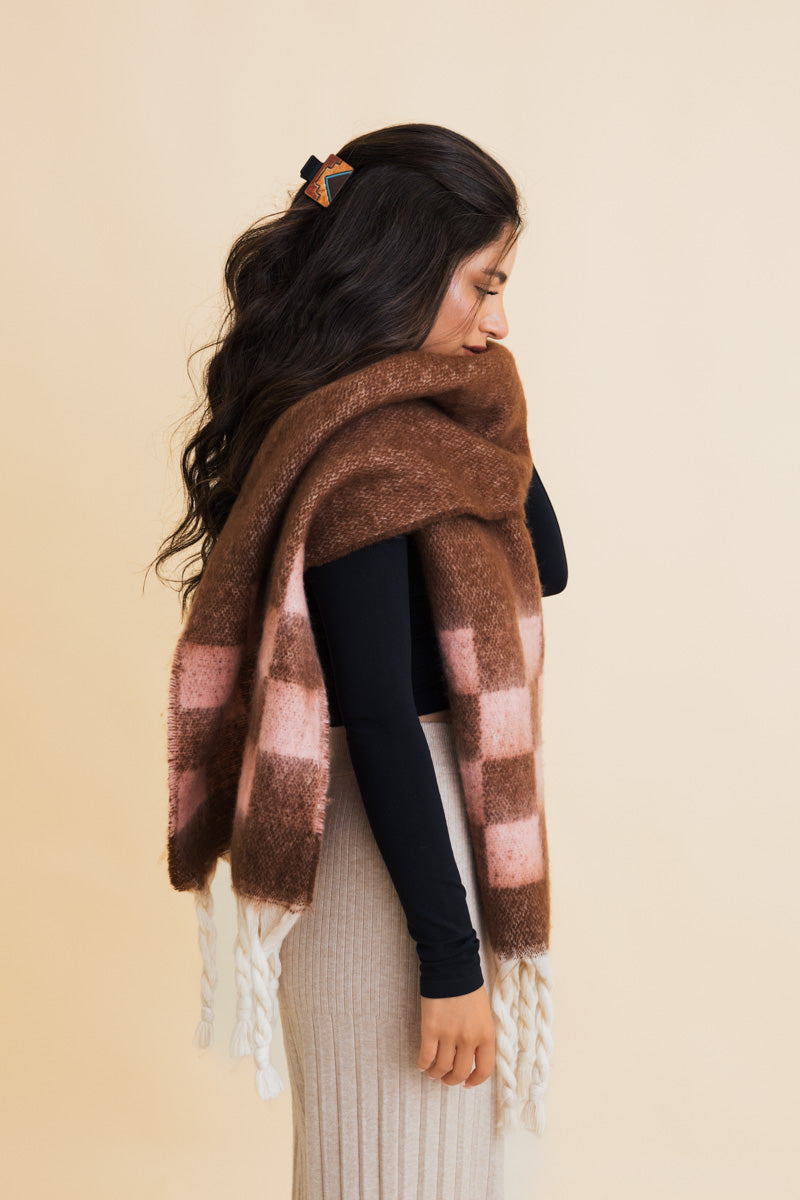 Chunky Plaid Oversized Scarf with Fringe