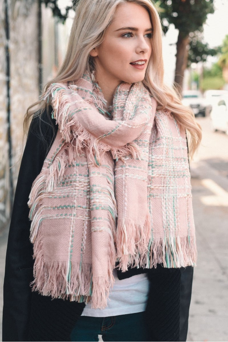 Frayed Tartan Plaid Scarf Scarves Pink