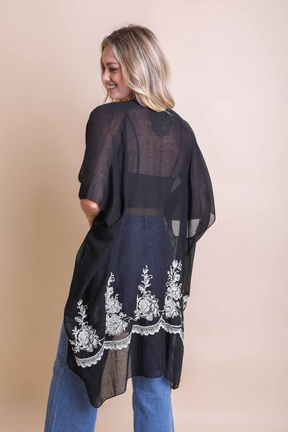 Tropical Nights Floral Embroidered Stitched Kimono