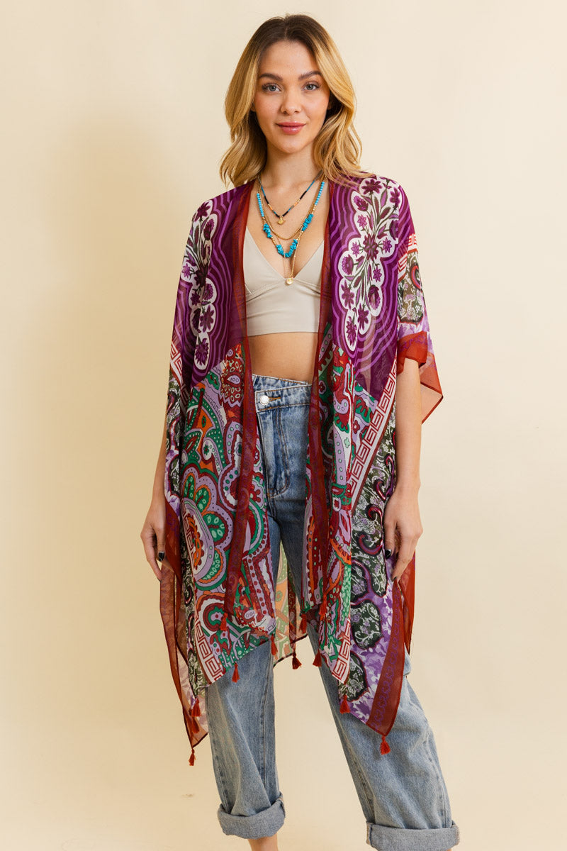 Free Spirit Cinched Sleeve Paisley Kimono