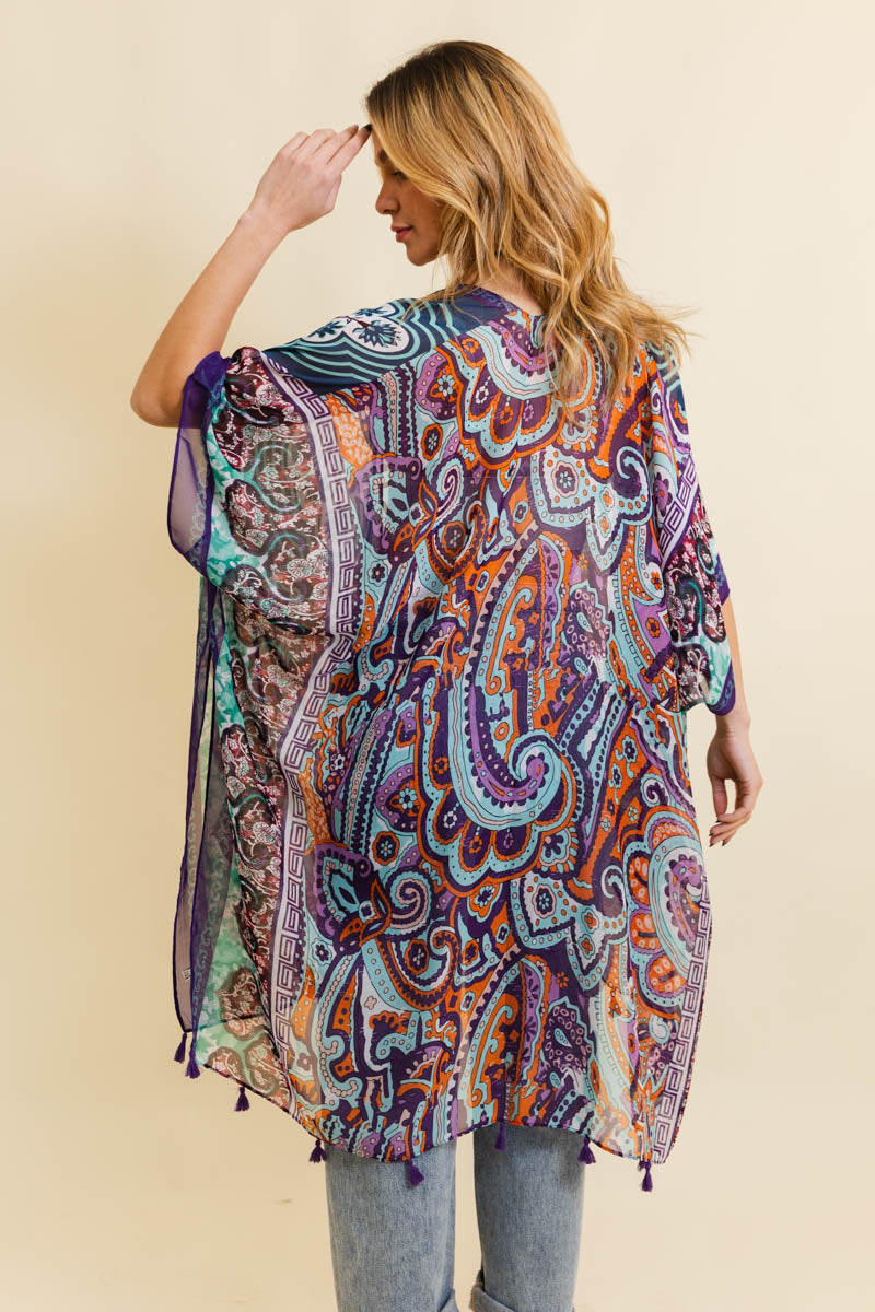 Free Spirit Cinched Sleeve Paisley Kimono