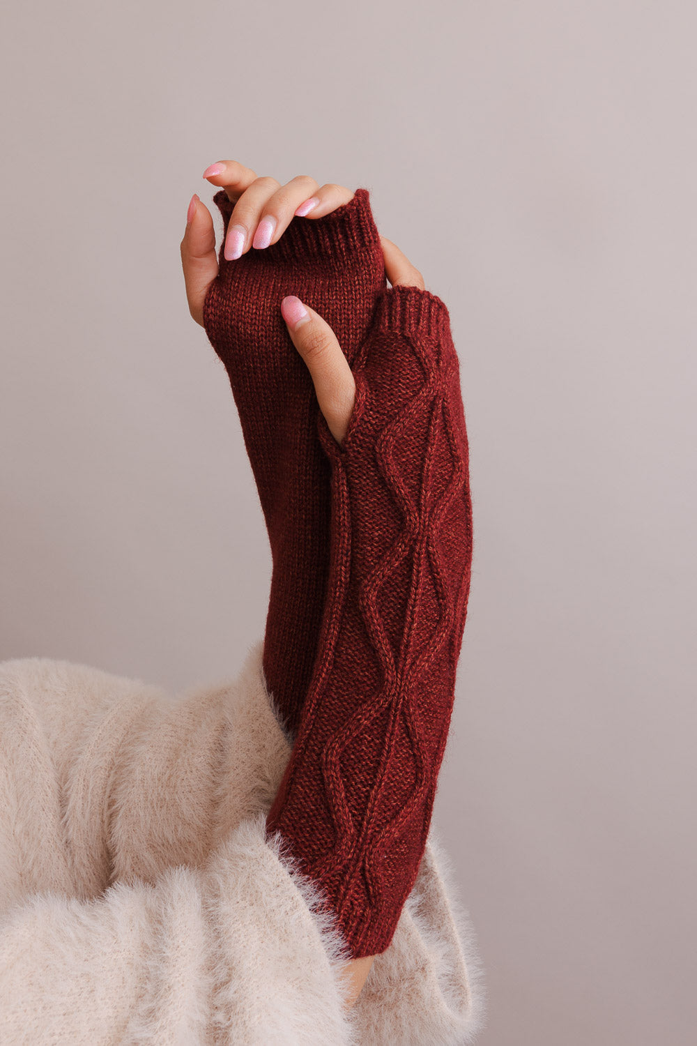 Aran Soft Knitted Arm Warmer Accessories Maroon