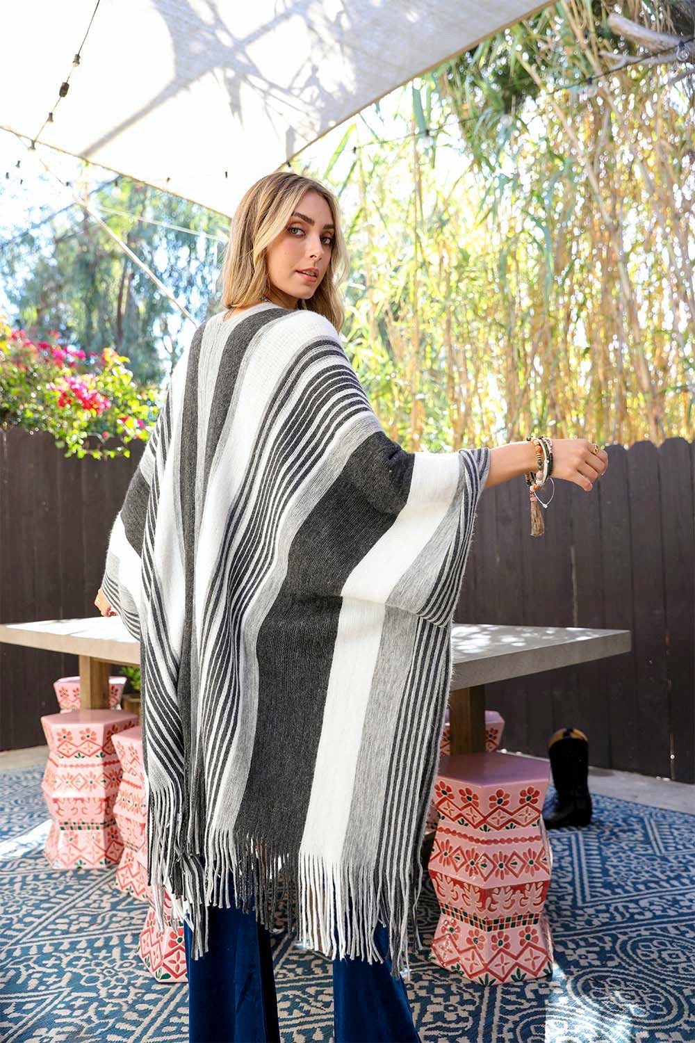 Boho Striped Frayed Edge Ruana Ponchos