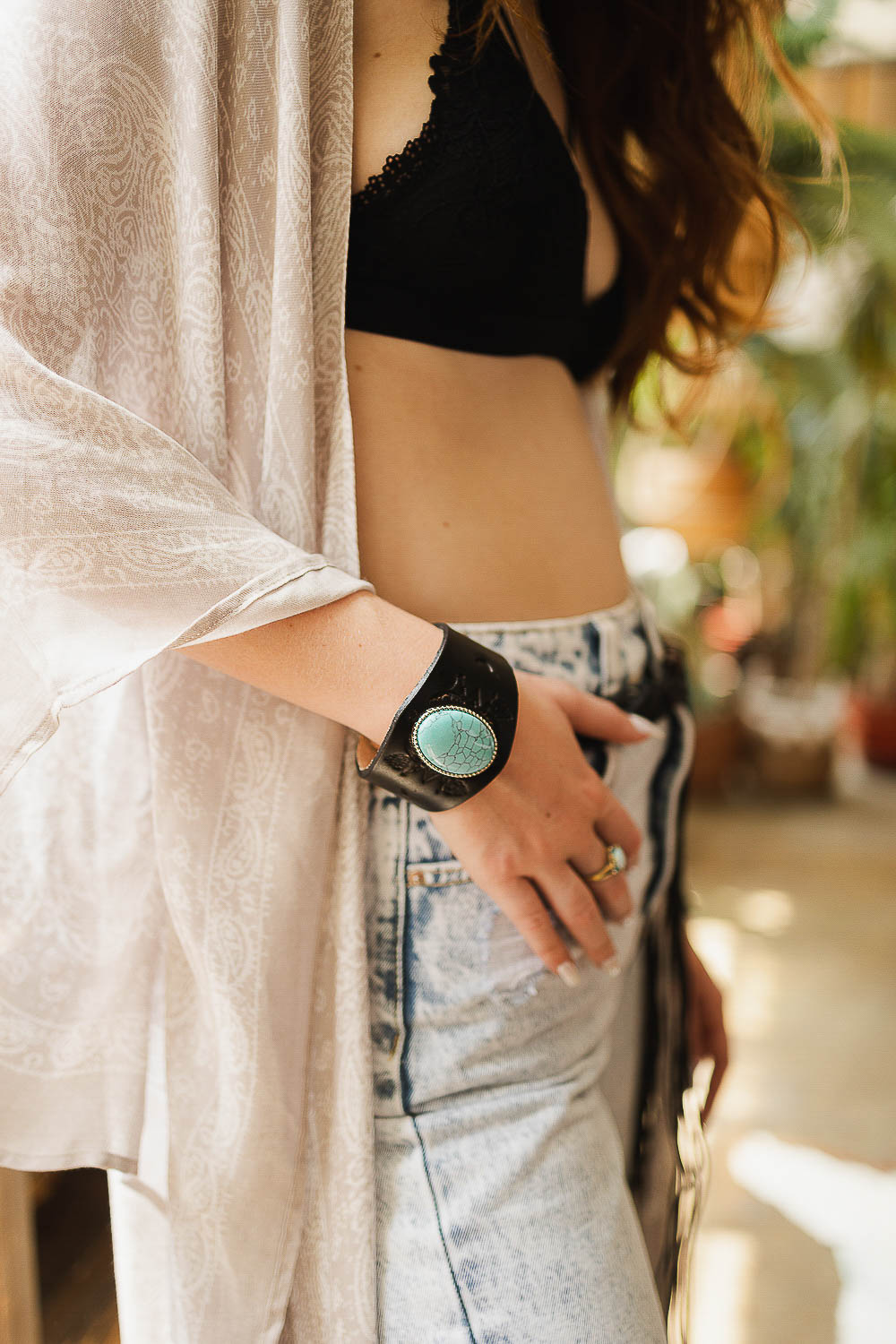 Boho Turquoise Stone Leather Cuff Jewelry Black