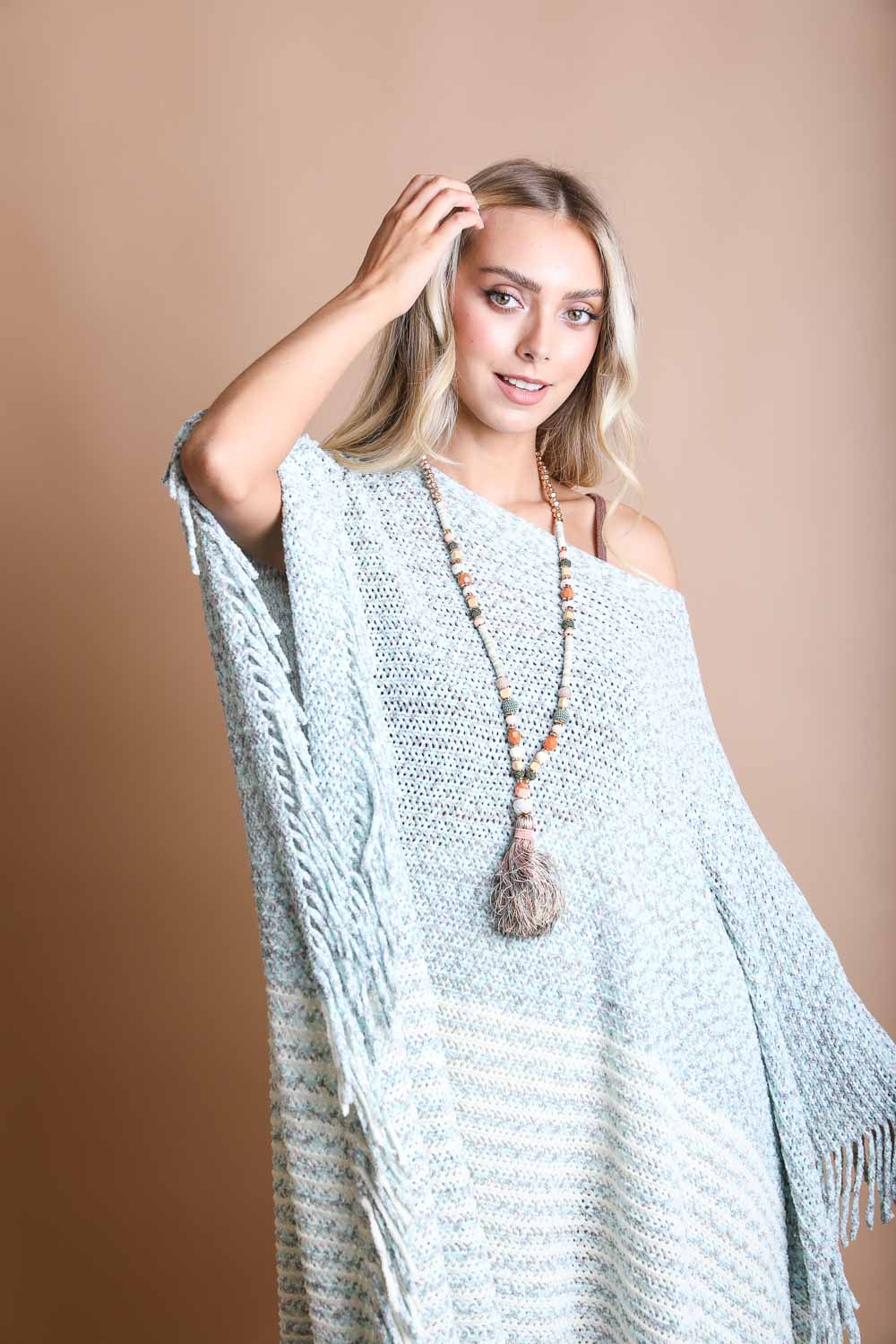 Boucle Knit Ruana Ponchos Blue