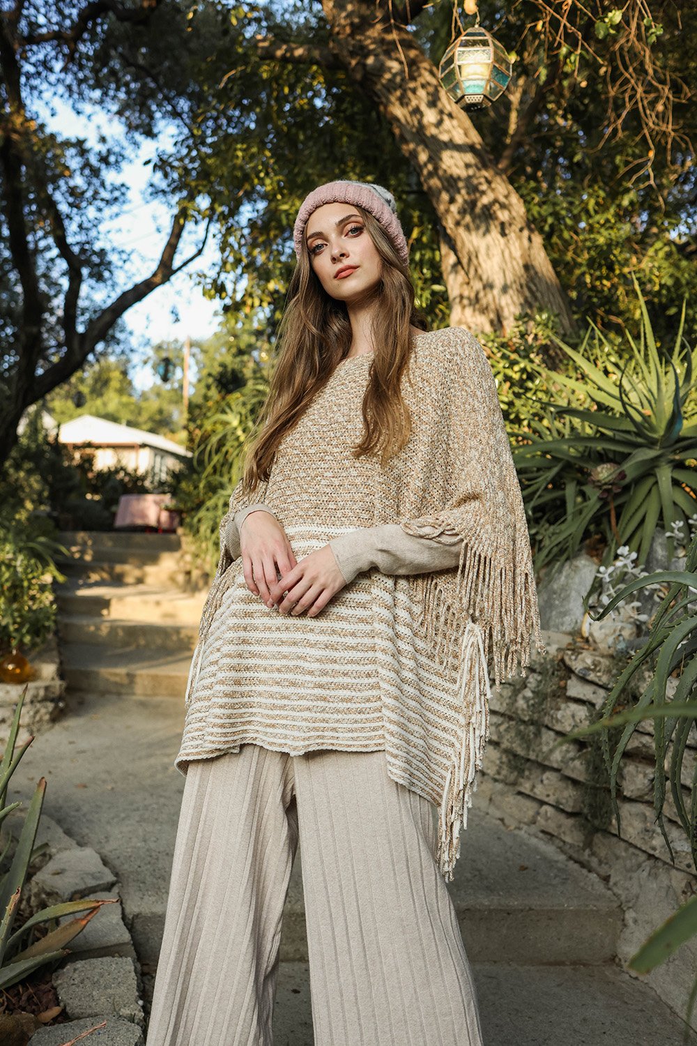 Boucle Knit Ruana Ponchos Mocha