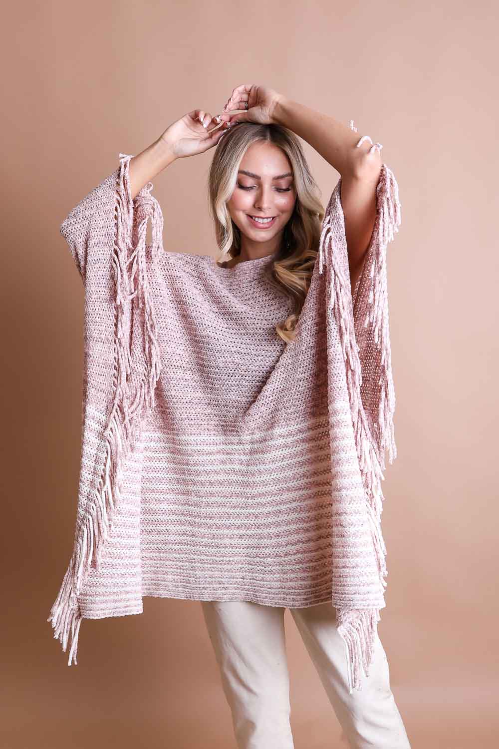 Boucle Knit Ruana Ponchos Rose