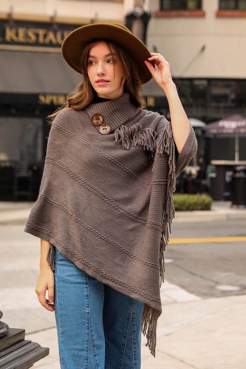 Button Neck Fringe Poncho Ponchos Gray