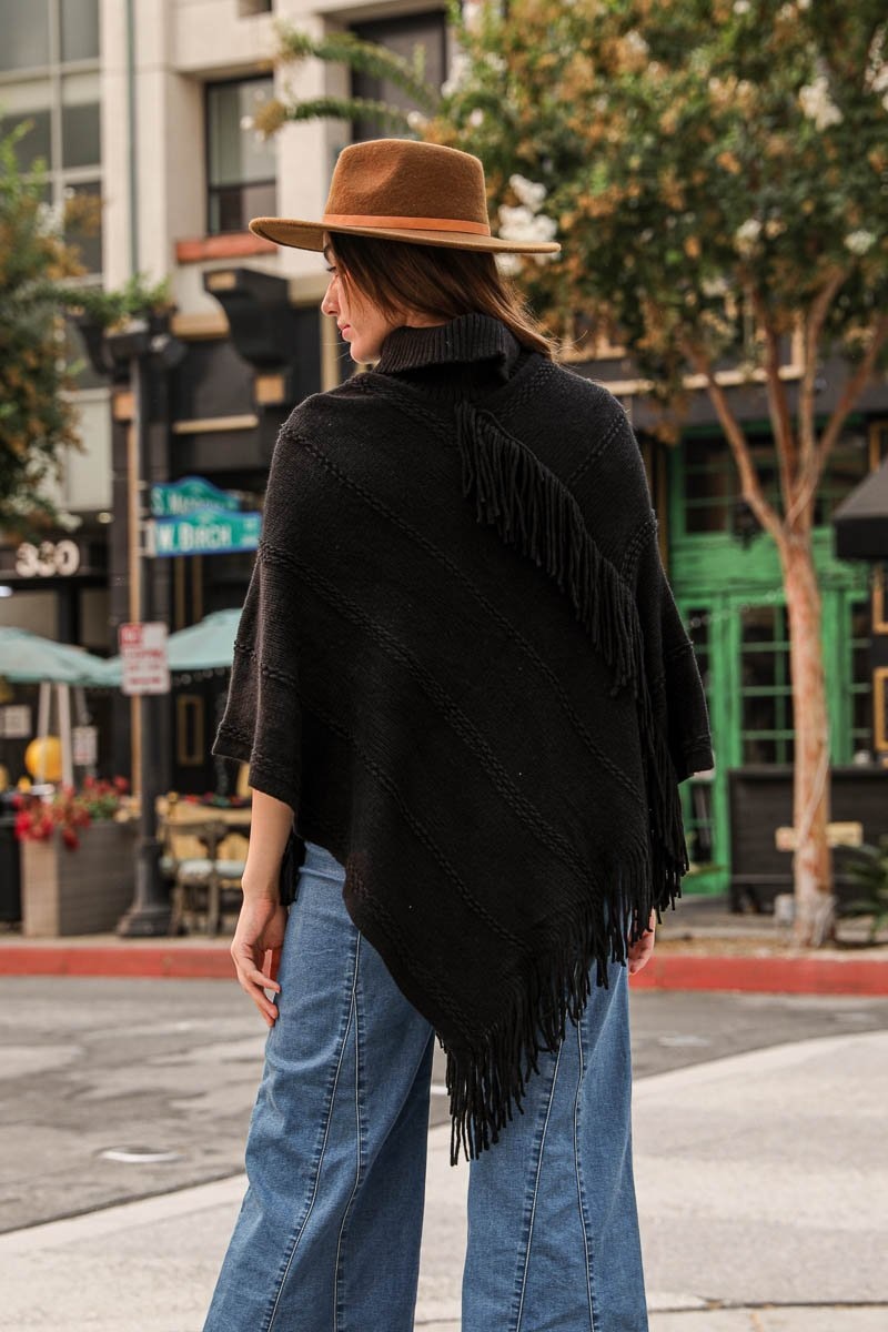 Button Neck Fringe Poncho Ponchos