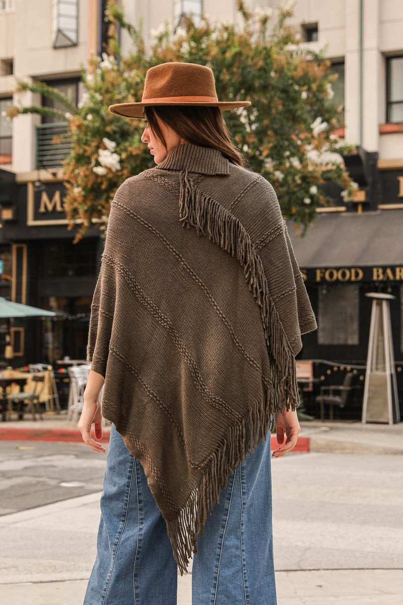 Button Neck Fringe Poncho Ponchos