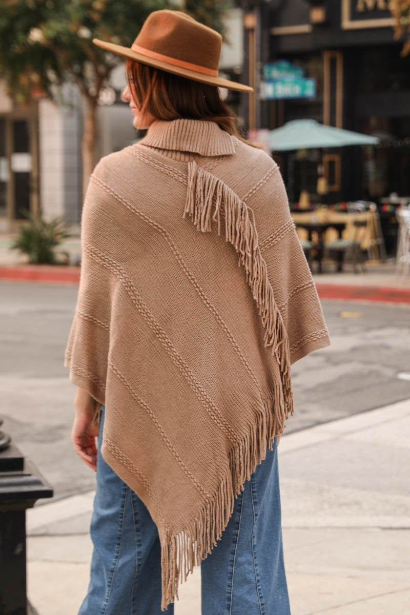 Button Neck Fringe Poncho Ponchos