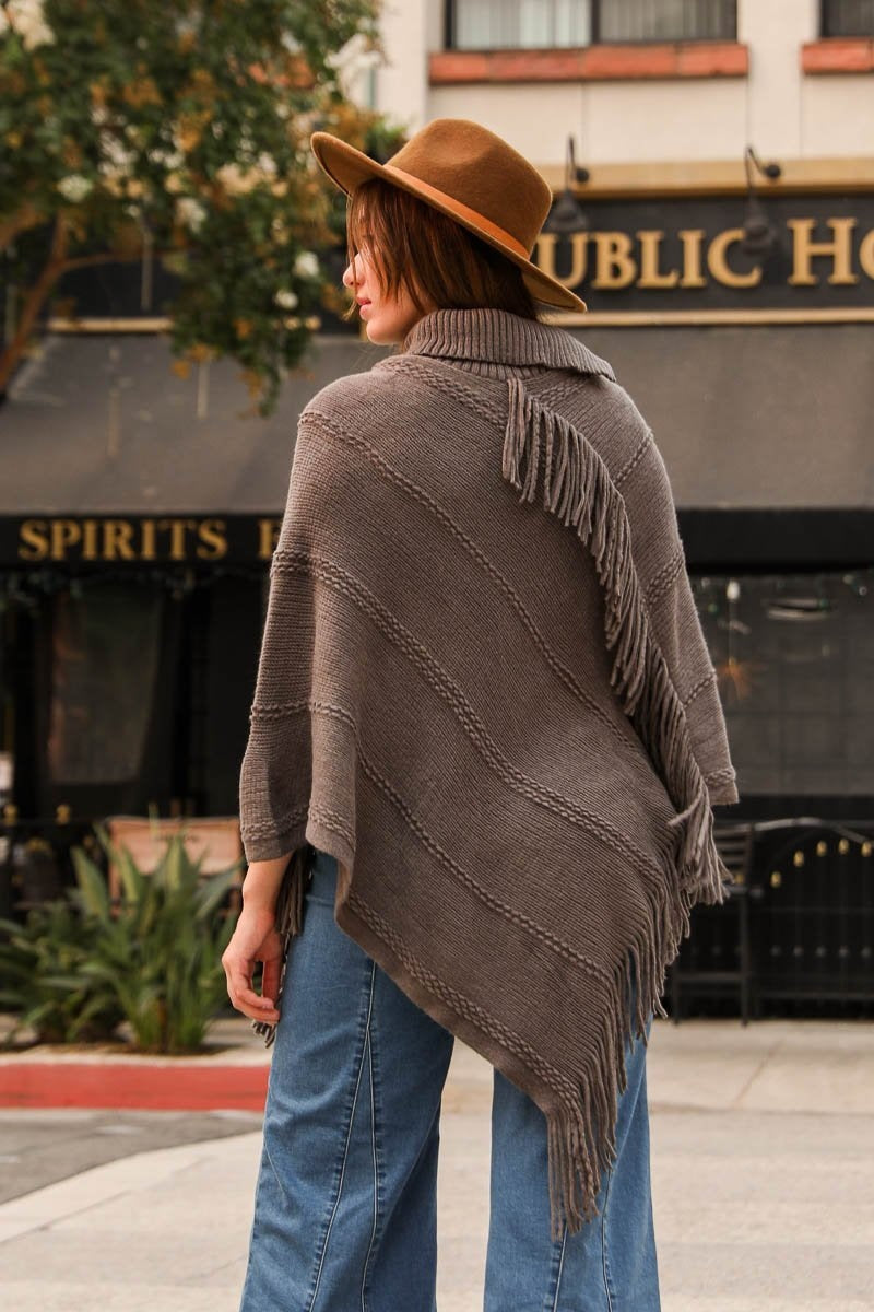 Button Neck Fringe Poncho Ponchos