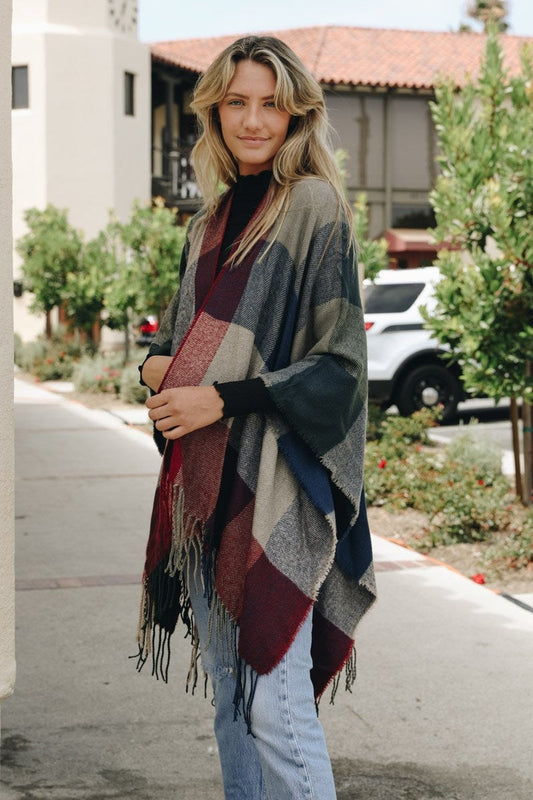 Check Ruana with Tassel Trim Ponchos