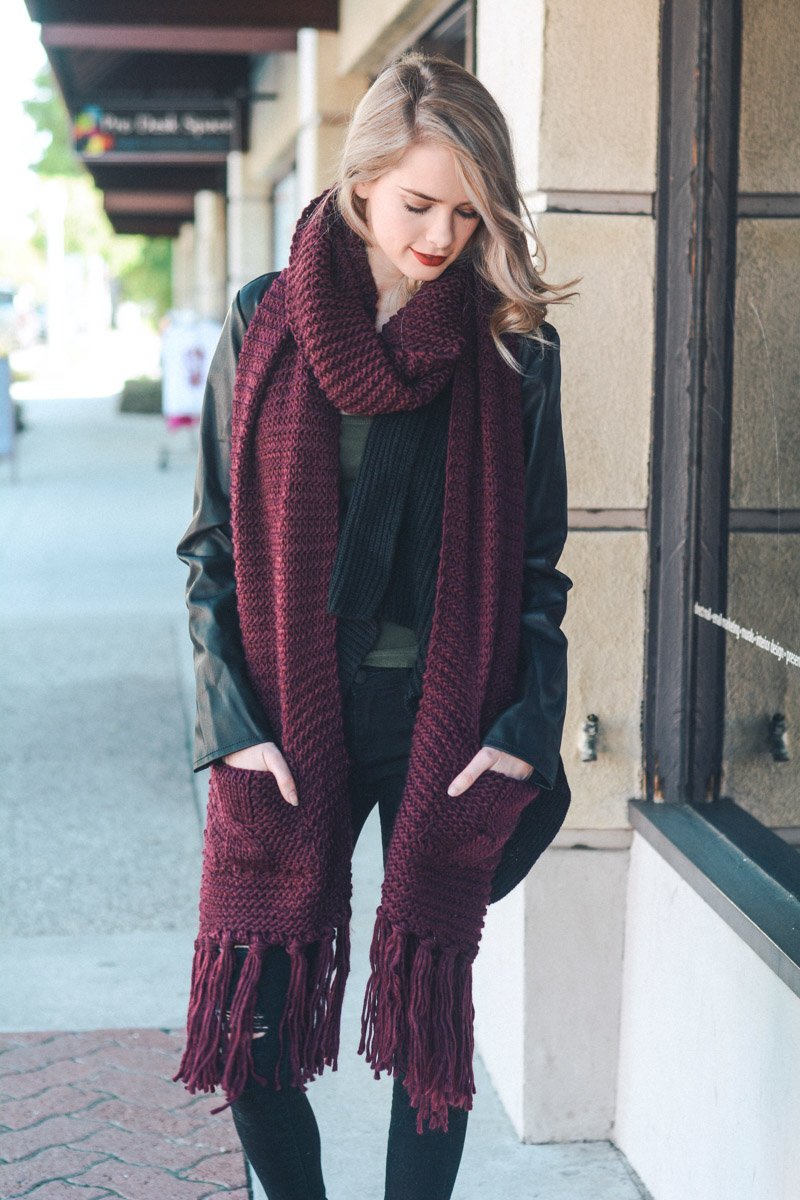 Chunky Oversized Pocket Scarf Scarves Burgundy