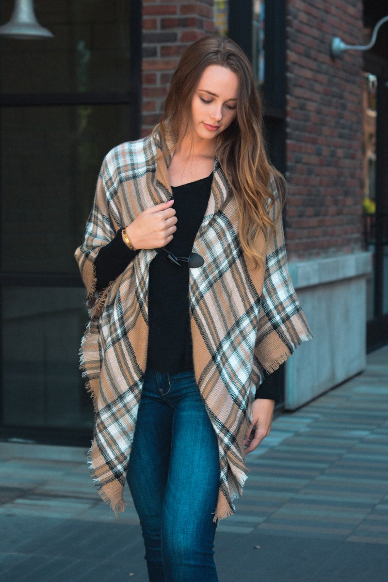 Classic Flannel Toggle Poncho Ponchos Beige