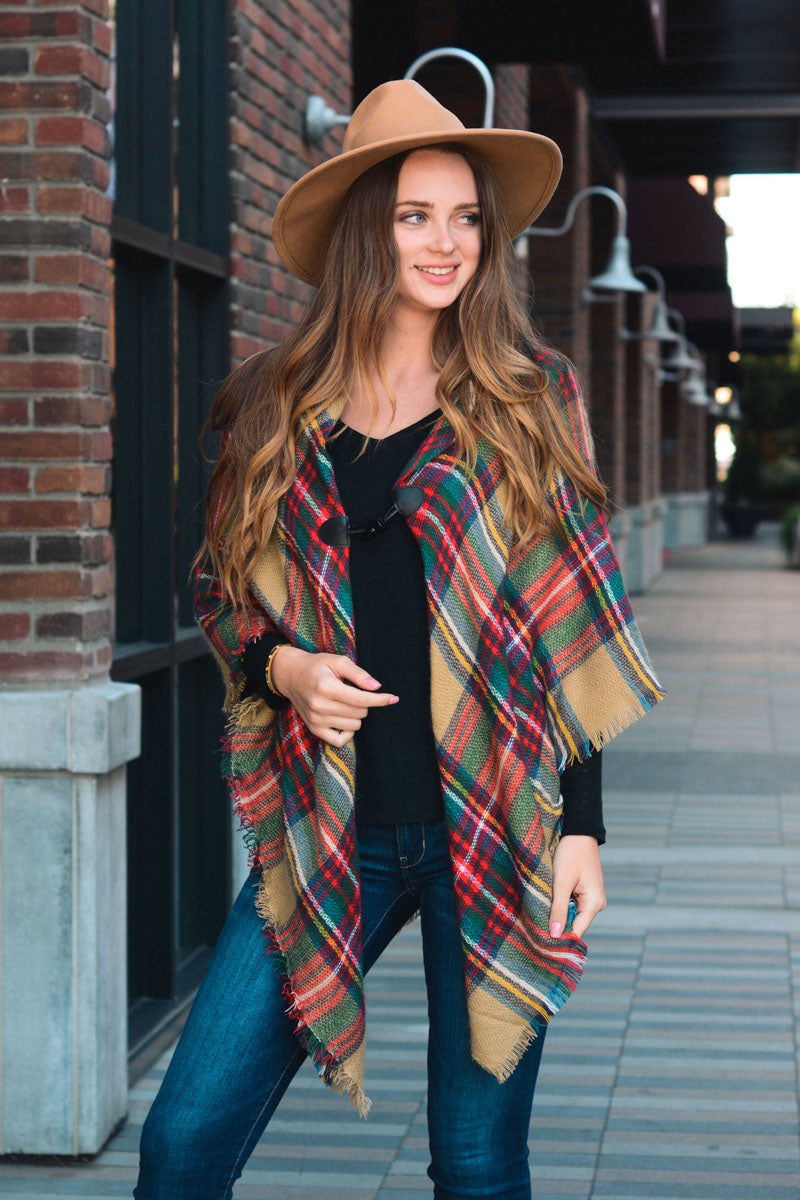 Classic Flannel Toggle Poncho Ponchos Khaki