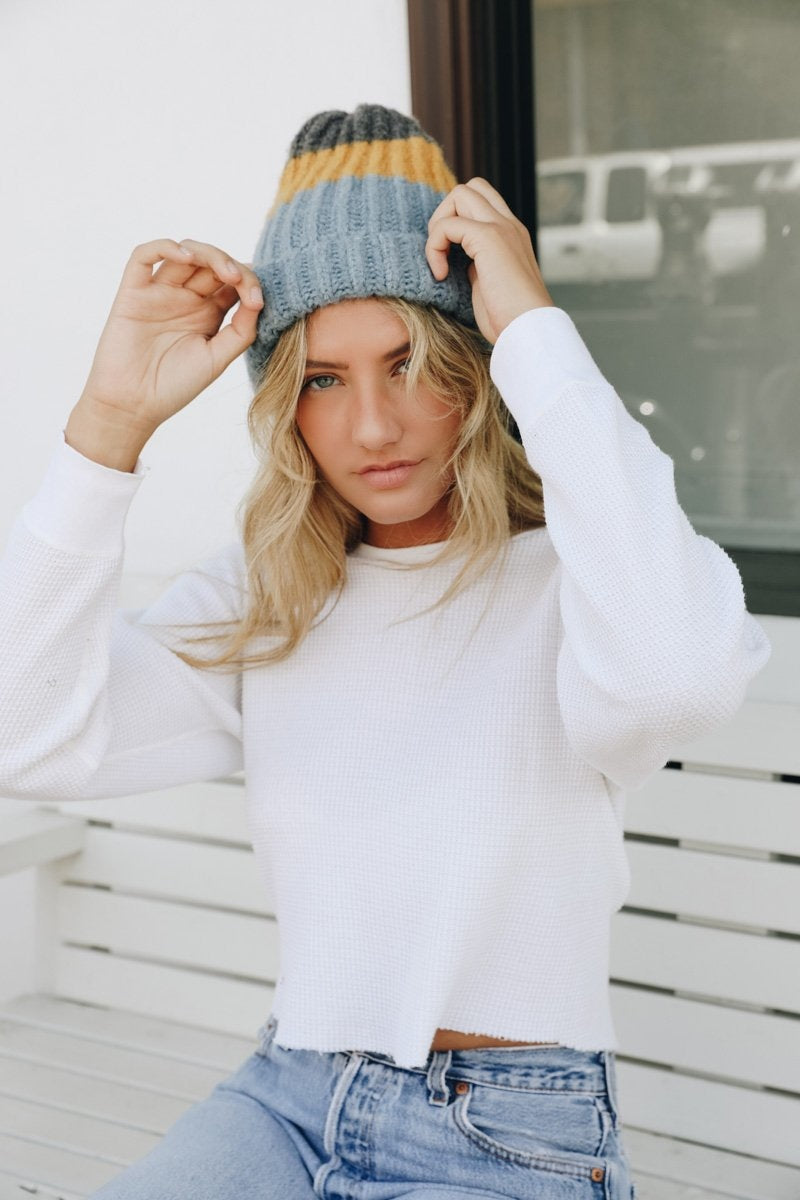 Color Block Knit Beanie Hats & Hair Blue Mustard