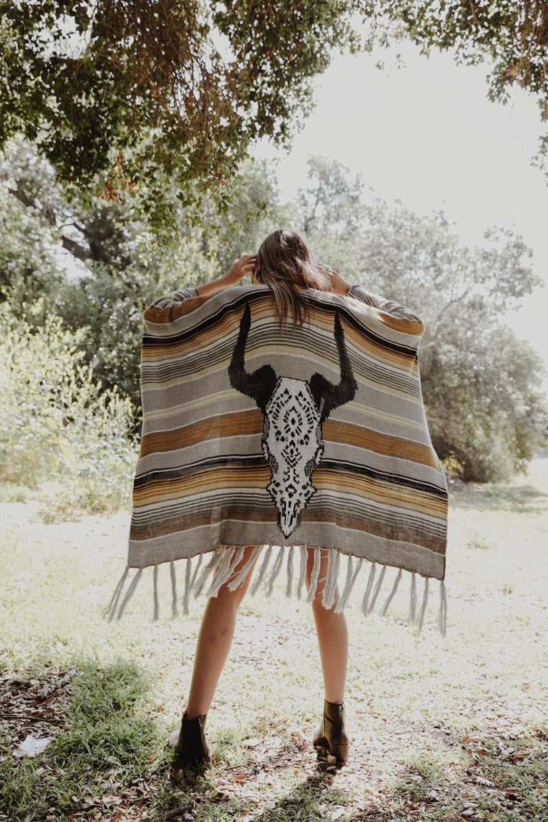 Cow Skull Serape Kimono Gray