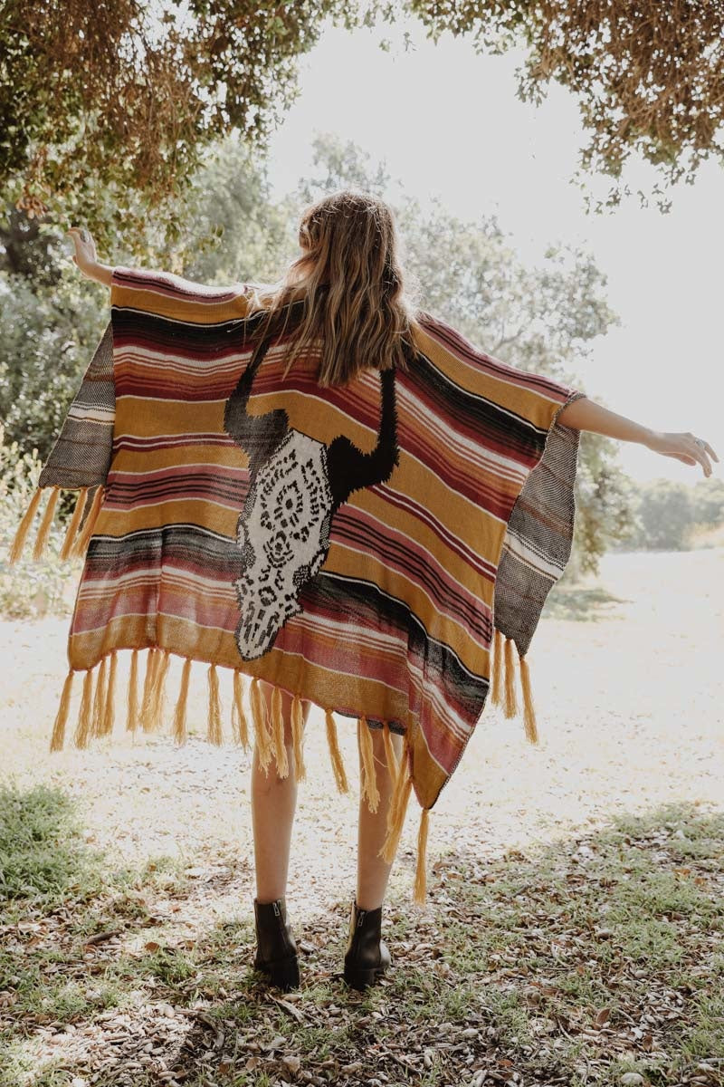 Cow Skull Serape Kimono Mustard