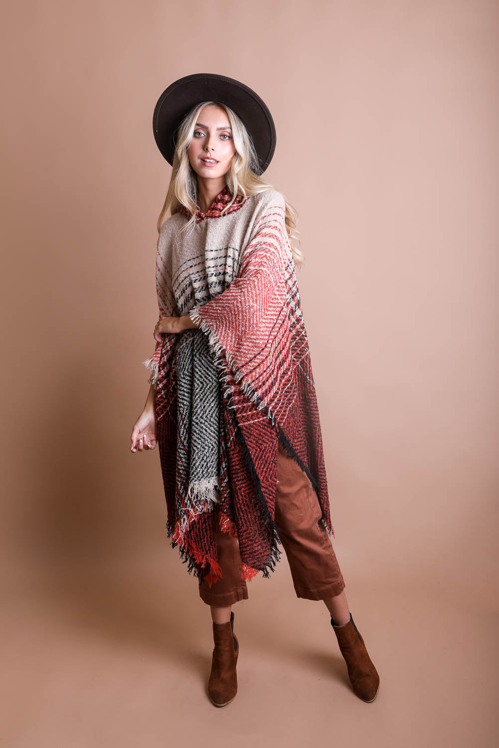 Cuddly Herringbone Hooded Poncho Ponchos