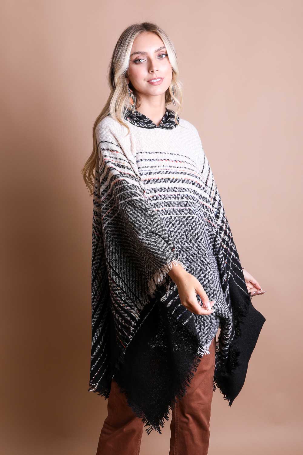 Cuddly Herringbone Hooded Poncho Ponchos