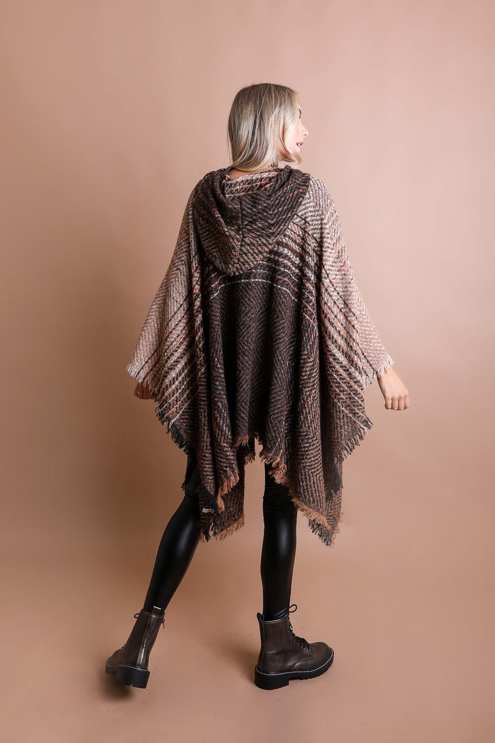 Cuddly Herringbone Hooded Poncho Ponchos