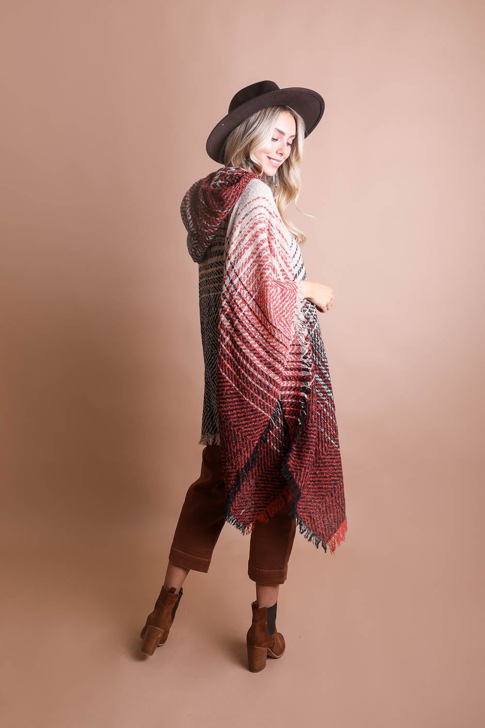 Cuddly Herringbone Hooded Poncho Ponchos