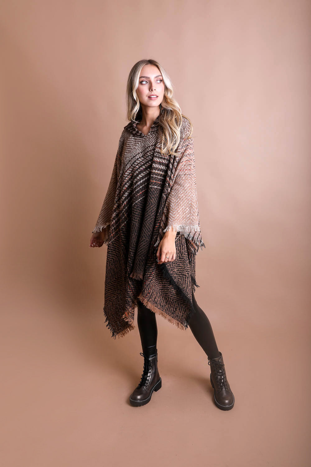 Cuddly Herringbone Hooded Poncho Ponchos