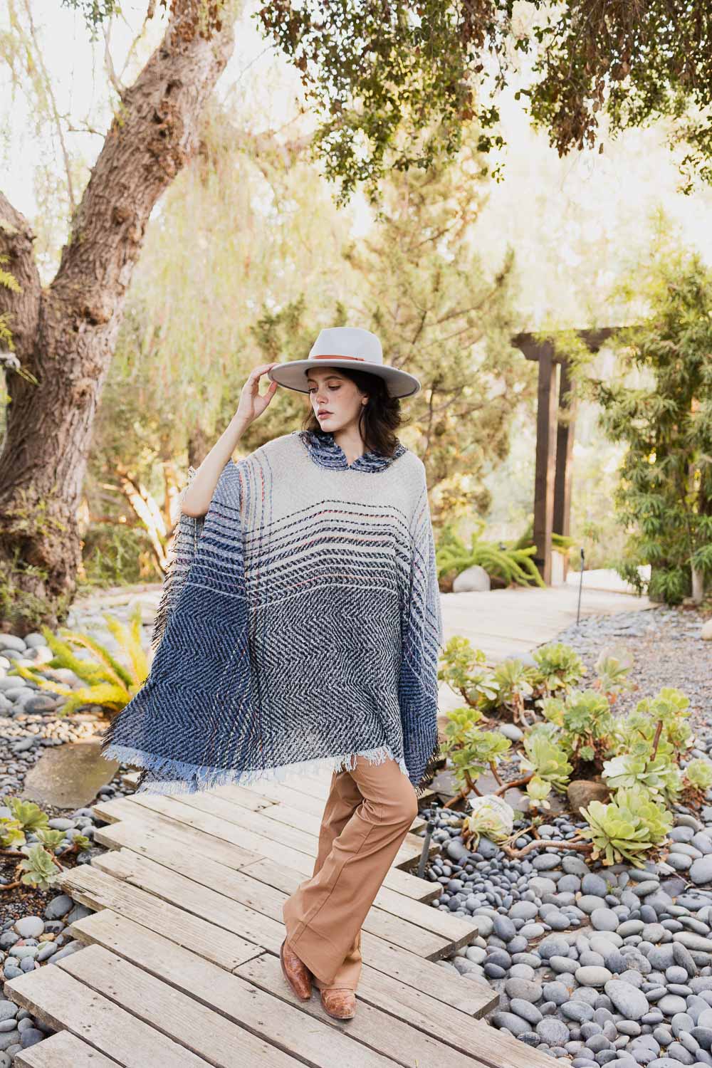 Cuddly Herringbone Hooded Poncho Ponchos One Size / Blue