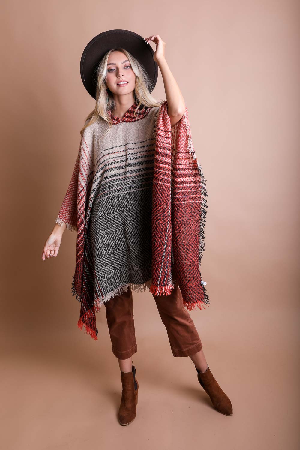 Cuddly Herringbone Hooded Poncho Ponchos One Size / Rust