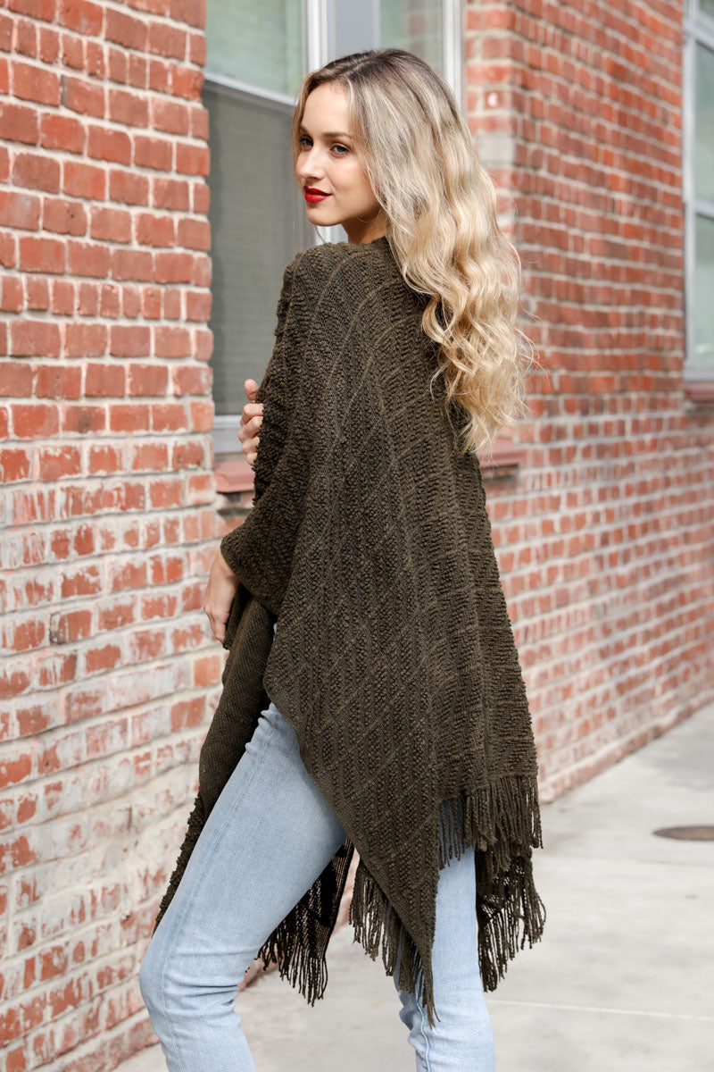 Diagonal Knit Tasseled Ruana Ponchos