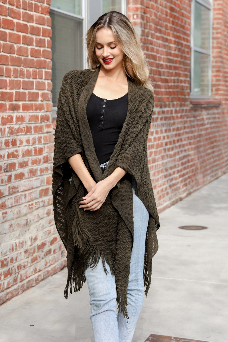 Diagonal Knit Tasseled Ruana Ponchos One Size / Olive