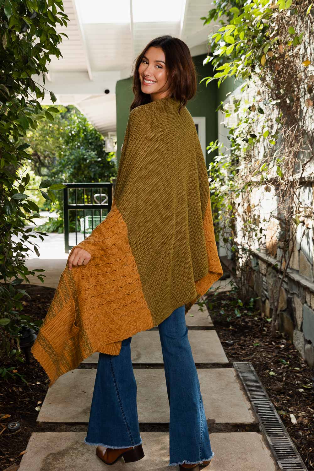 Dual-Toned Striped Wrap with Arm Openings Ponchos