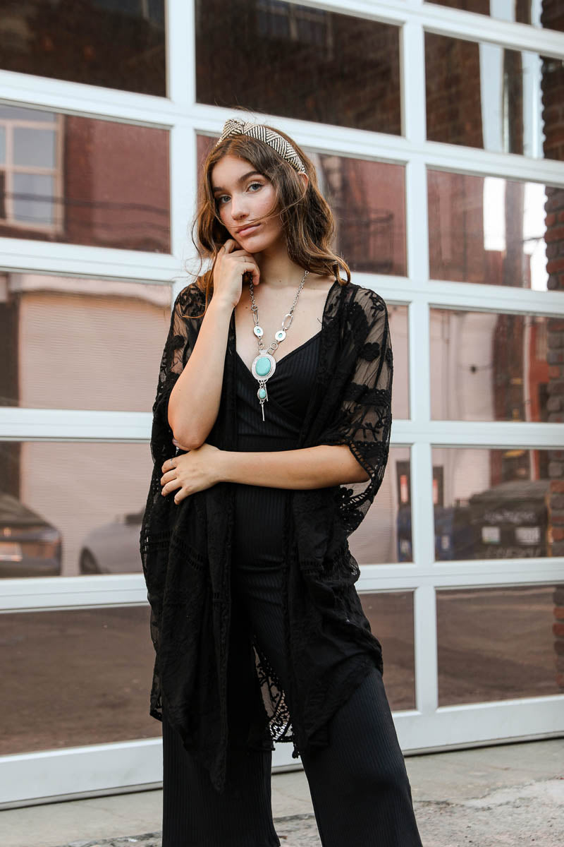 Embroidered Mesh Leaf Kimono