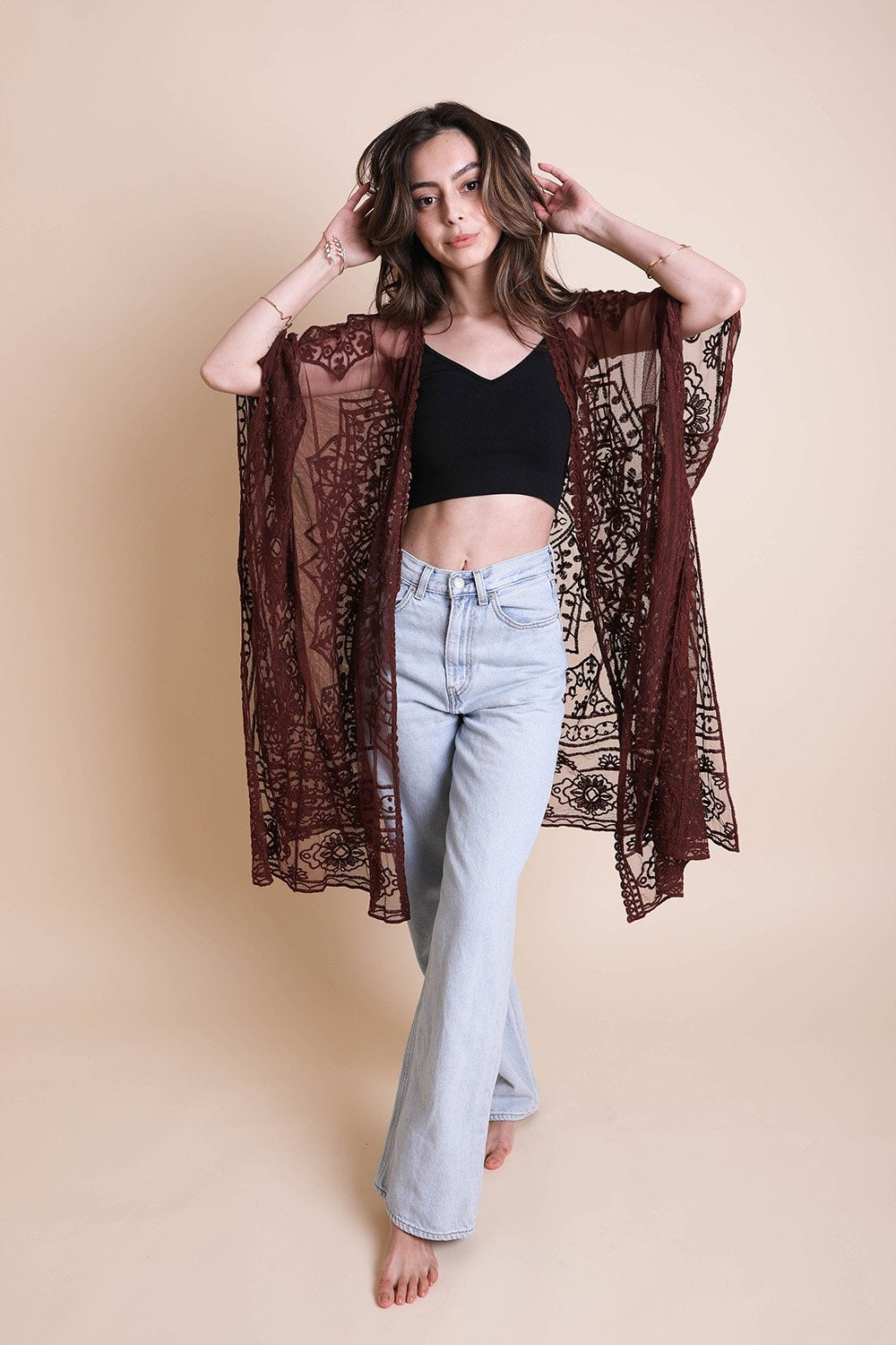 Floral Mandala Mesh Kimono Ponchos Chocolate