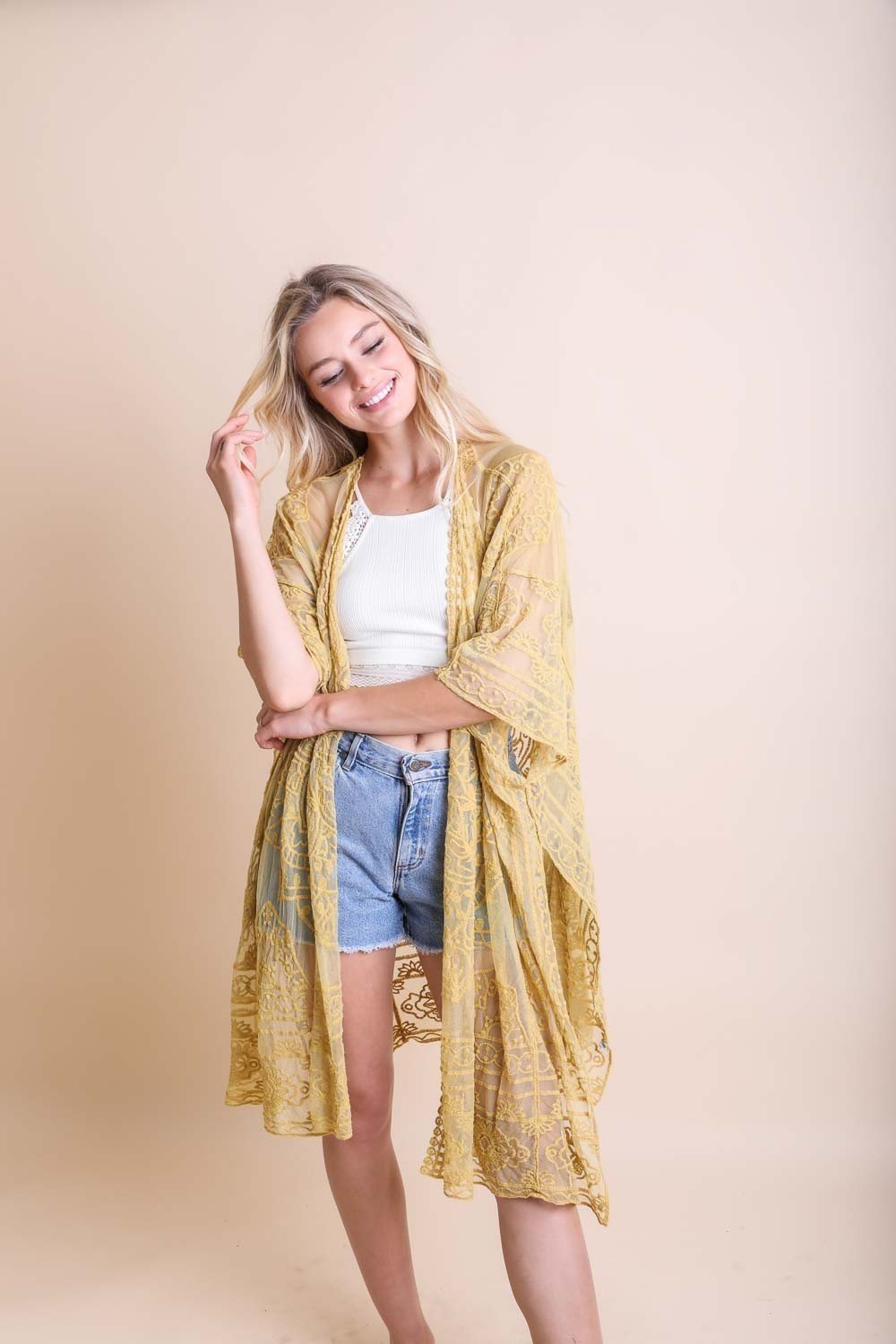 Floral Mandala Mesh Kimono Ponchos Mustard