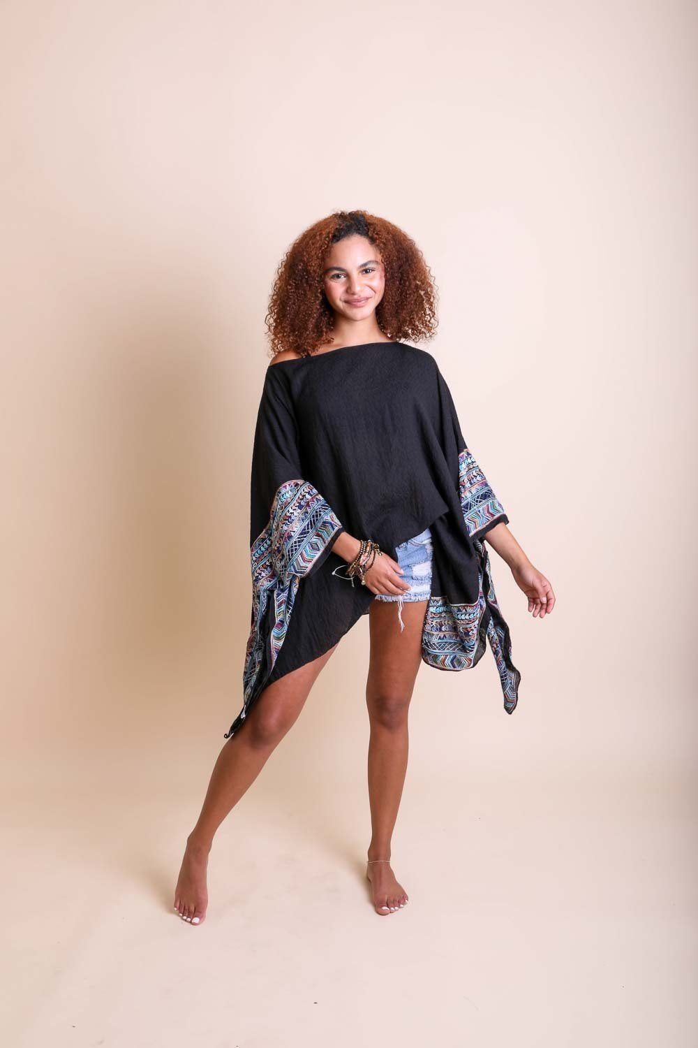 Geometric Embroidered Tunic Kimono Black