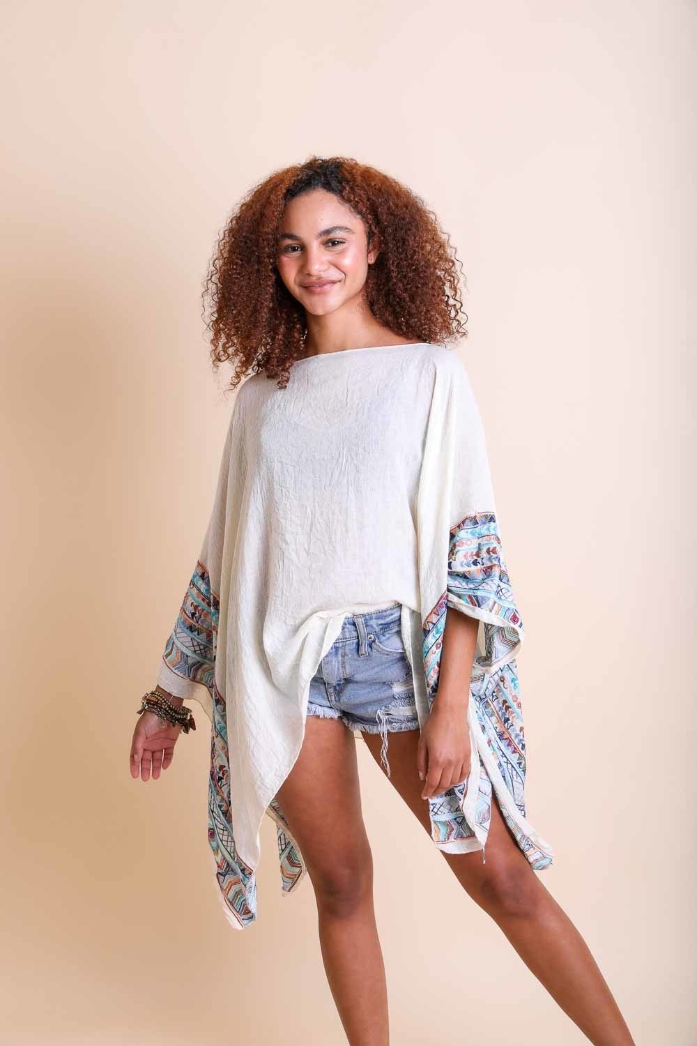 Geometric Embroidered Tunic Kimono Ivory