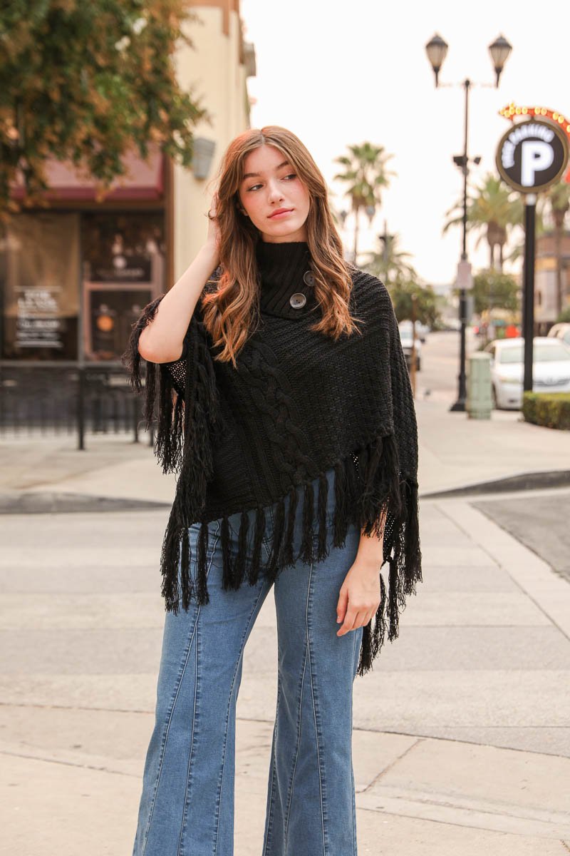 High Neck Multi-Tasseled Poncho Ponchos Black