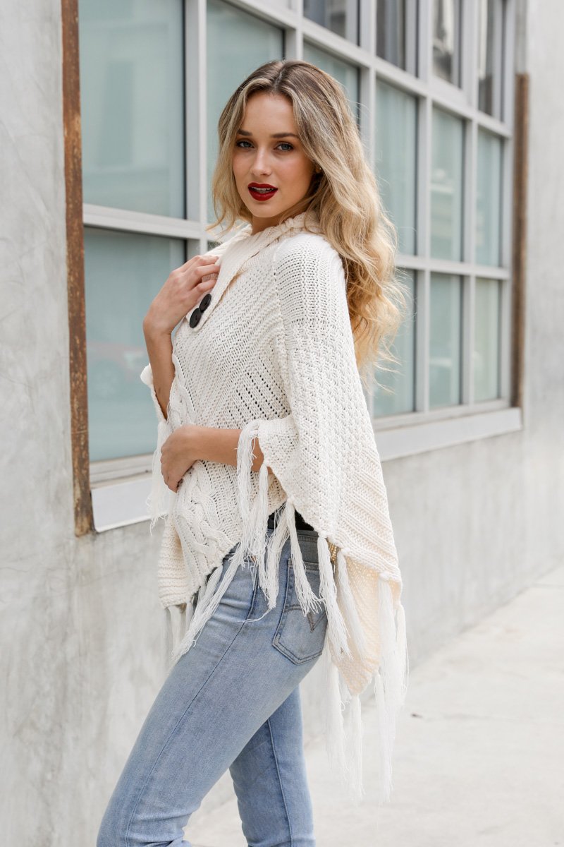 High Neck Multi-Tasseled Poncho Ponchos