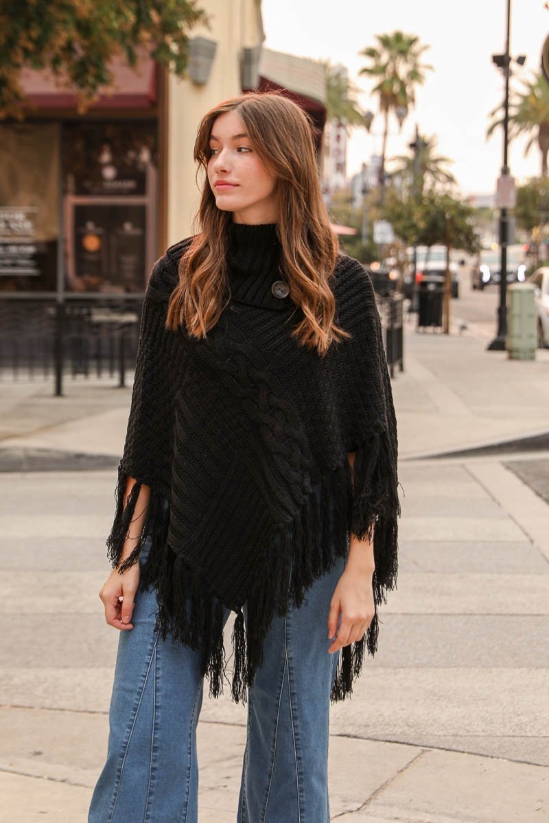 High Neck Multi-Tasseled Poncho Ponchos