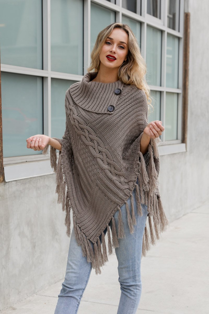 High Neck Multi-Tasseled Poncho Ponchos Mocha