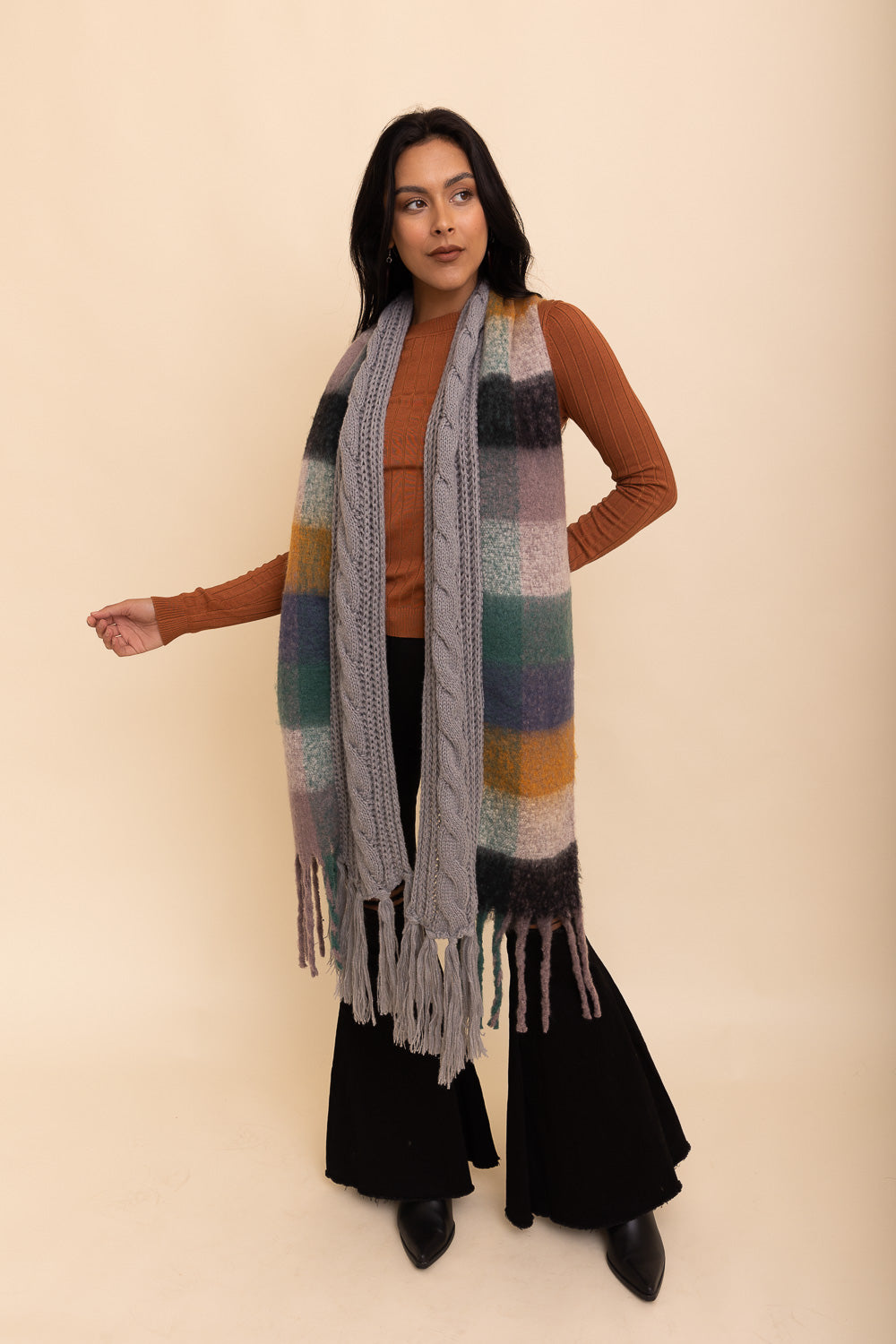 Knit Blend Tassel Trim Scarf Scarves