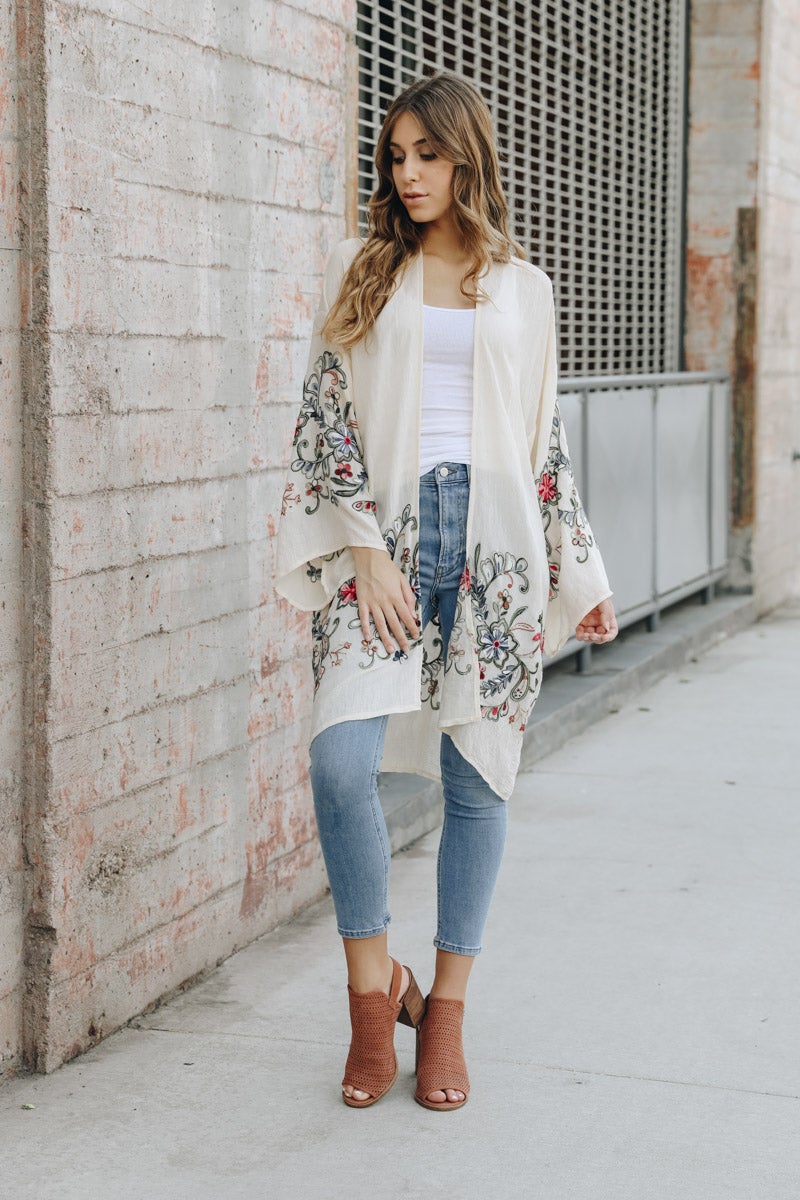 Long Floral Kimono Cardigan Cream