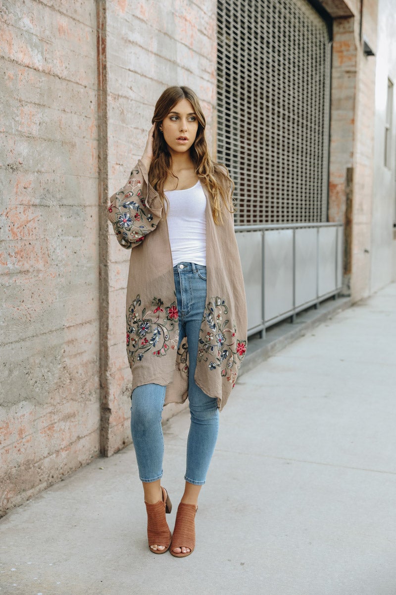 Long Floral Kimono Cardigan Mocha