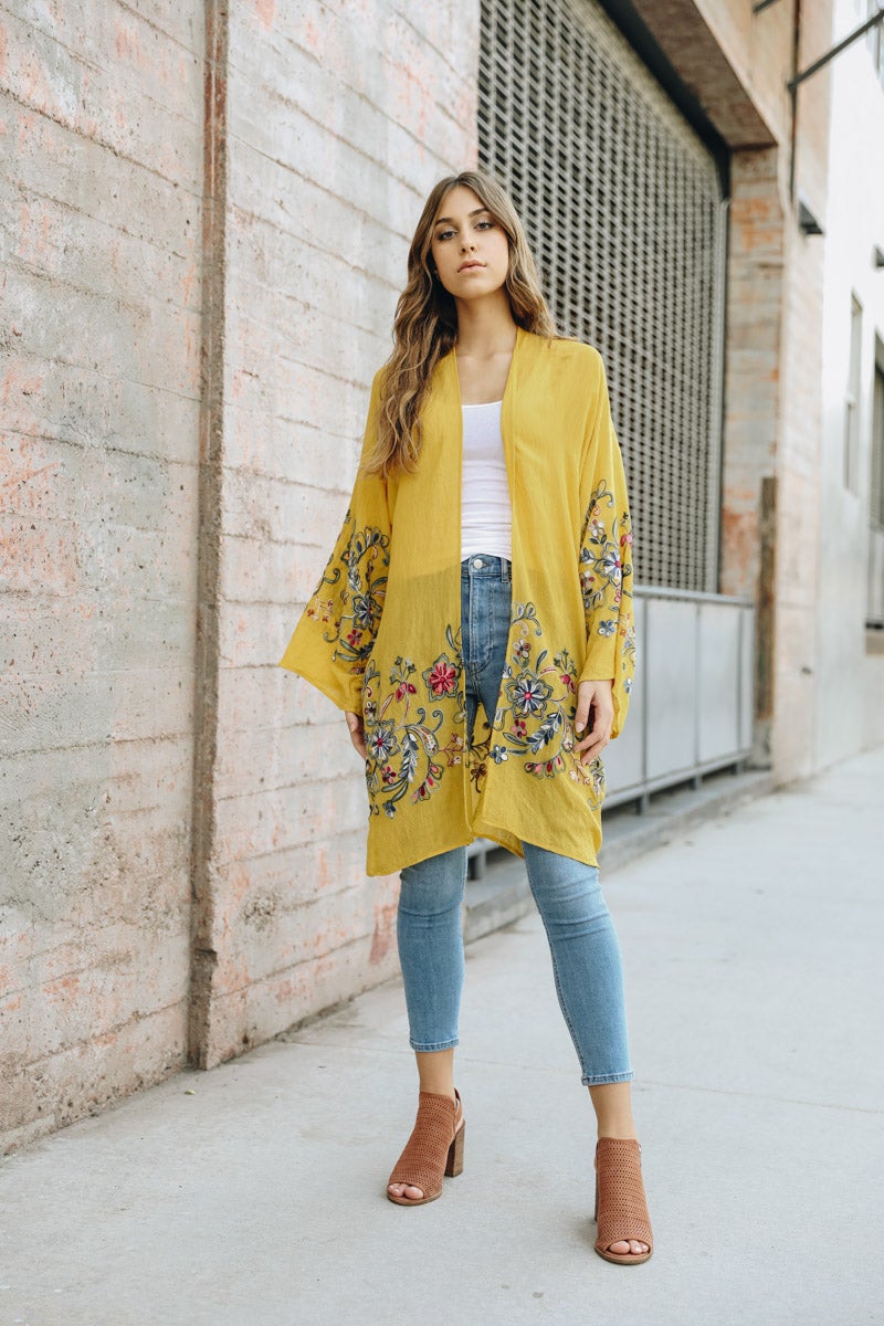 Long Floral Kimono Cardigan Mustard